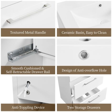 Yaheetech Meuble Salle de Bain avec Lavabo, Vasque Salle de Bain en Céramique, Meuble sous Lavabo, 2 Tiroirs de Rangement,  61 × 40 × 81 cm, Blanc