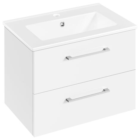 Yaheetech – Meuble salle de bain avec vasque suspendue en céramique – 61 cm L × 39,5 cm l × 45,5 cm H – 2 tiroirs – Design moderne blanc