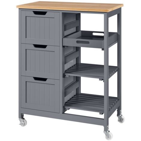 Yaheetech – Desserte de cuisine à roulettes avec 3 tiroirs et étagères – Plan de travail en bambou 67×37×84,5cm – Couleur gris foncé – Capacité 30kg (1/5)
