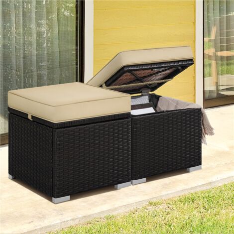 Yaheetech Poufs en Rotin pour Extérieur 2 pcs, Lot de 2 Ottomanes de Jardin en Rotin de Rangement avec Coussin 40 x 40 x 41 cm pour Amenagement Balcon Terrasse Marron/Kaki