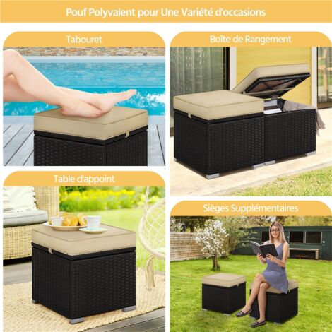 Poufs Jardin Yaheetech Lot De 2 - Rotin Résine 40x40x41cm - Avec Coussin Et Rangement - Noir/Gris - Pour Terrasse Et Balcon