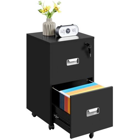 Yaheetech – Caisson de bureau à roulettes avec 2 tiroirs – Rangement documents A4 – Panneau MDF noir – Dimensions 40x40x66,5 cm