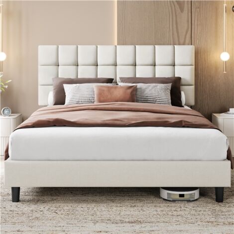 Yaheetech – Lit double rembourré 160x200cm – Tête de lit réglable en hauteur – Cadre en métal et bois – Sommier à lattes – Beige