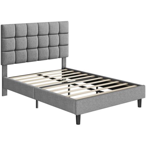 Yaheetech – Lit double rembourré 140x200cm – Cadre en bois et métal – Tête de lit réglable en hauteur – Capacité 360kg – Gris clair