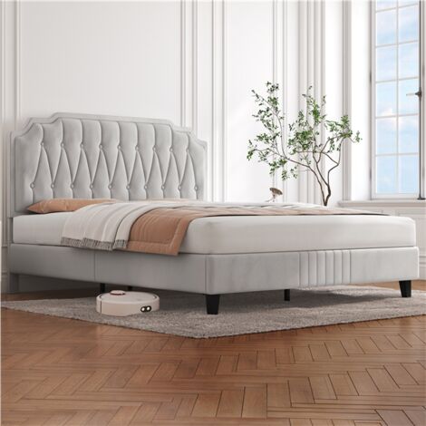 Yaheetech – Lit double capitonné réglable en hauteur 140x200 cm – Cadre en bois massif et métal – Sommier à lattes – Beige