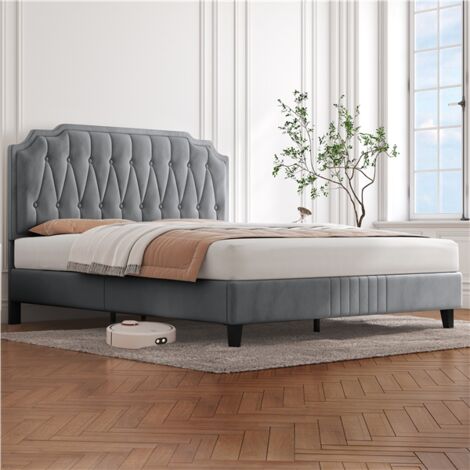 Yaheetech – Lit double capitonné réglable en hauteur – Cadre en bois et métal – Sommier à lattes – Gris clair – 140x200 cm – Capacité 360 kg