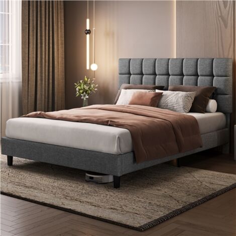 Yaheetech Lit Double Rembourré avec Tête de Lit Réglable en Hauteur, Cadre de lit Capitonné avec Sommier à lattes, Lit pour Adultes 2 Personnes, en Bois et Métal, Gris Clair - 160x200cm