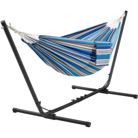 Yaheetech Hamac Double sur Pied Hamac avec Support en Métal Réglable en Longueur Sac de Transport Charge Maximale 205 kg pour Extérieur Intérieur Jardin Terrasse Rayures Bleu-rouge