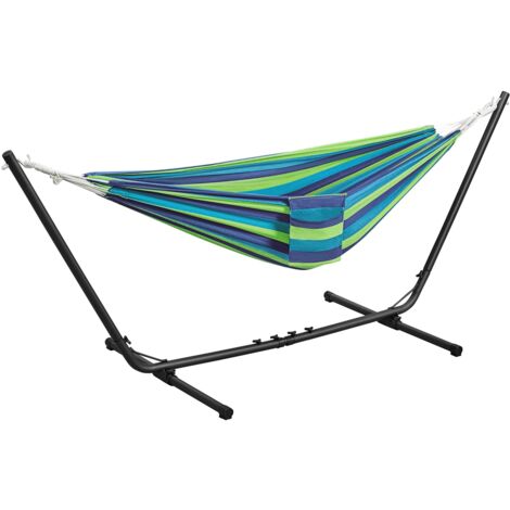 Yaheetech Hamac Double sur Pied Hamac avec Support en Métal Réglable en Longueur Sac de Transport Charge Maximale 205 kg pour Extérieur Intérieur Jardin Terrasse Rayures Bleu-vert