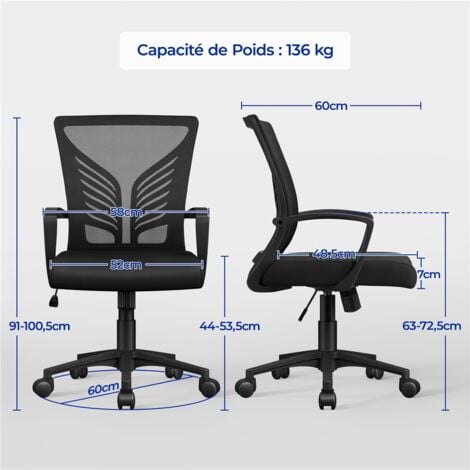 Yaheetech Chaise Bureau Ergonomique en Maille Respirante Fauteuil d'Ordinateur Inclinable avec Support Lombaire à roulettes Pivotante Siège Bureau en Hauteur Réglable Capacité 136 kg Noir