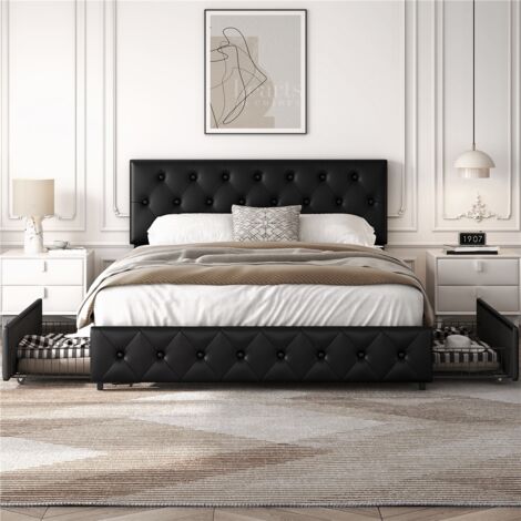 Yaheetech – Lit double rembourré avec 4 tiroirs – Tête de lit réglable en hauteur – Supports à lattes en bois – Matelas 160 x 200 cm – Charge 360 kg – Noir