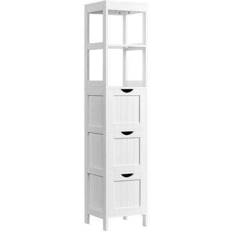 Yaheetech – Colonne de salle de bain 30 × 30 × 142 cm – 3 tiroirs – 2 étagères ouvertes – MDF blanc – Dispositif anti-basculement pour sécurité