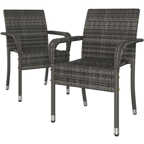 Yaheetech Lot de 2 Fauteuils de Jardin en Rotin Synthétique Chaises Empilables d'Extérieur avec Accoudoirs Cadre en Métal Terrasse Véranda Balcon Salon Salle à Manger Gris