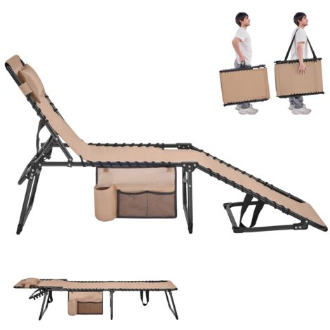Yaheetech Chaise Longue Bain de Soleil Transat Jardin Exterieur avec Poche Latérale en Polyester 600D Résistant Lit de Camping pour Plage, Piscine, Relax Détente en Plein Air Beige