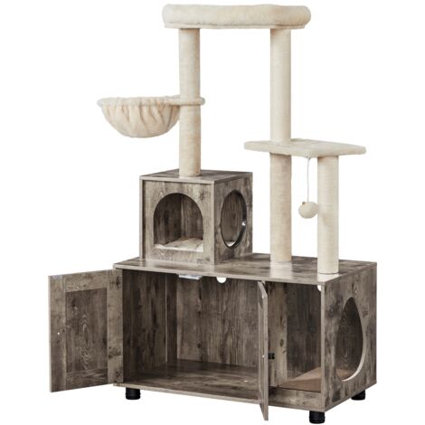 Yaheetech Arbre à Chat avec Litière Maison pour Chat Table d'appoint avec Niche Panier Plateforme Cachettes Armoire Griffoir pour Chat 80 × 45 × 134,5 cm (Grège/Beige)