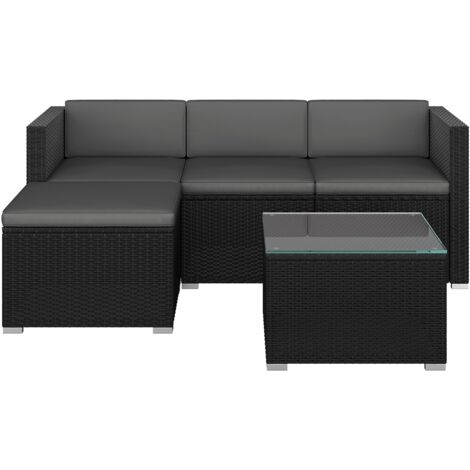 Yaheetech 5 Pièces Salon de Jardin Exterieur en Polyrotin, 4 Personnes Ensemble Mobilier avec 3 Canapés Modulables, 1 Table Basse en Verre Trempé et 1 Ottomane pour Bistro Patio Terrasse Noir/Gris