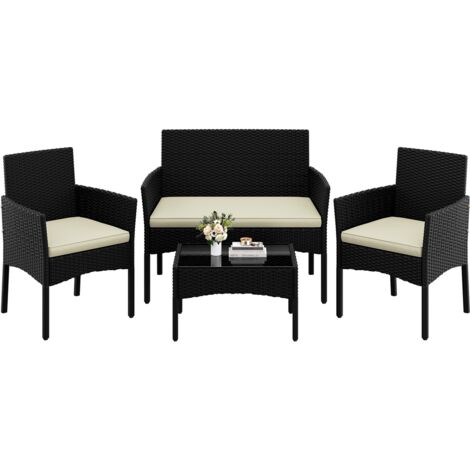 Yaheetech 4 Pièces Salon de Jardin Exterieur en Polyrotin, Mobilier de Jardin avec Coussins d'Assise, Canapé 2 Places, 2 Fauteuils et 1 Table, Meubles Ensemble pour Extérieur Balcon Terrasse Noir/Beig