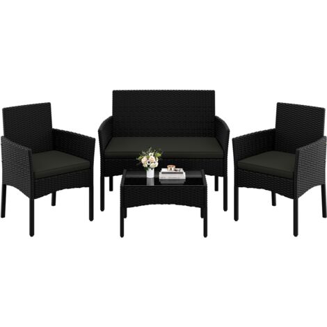 Yaheetech 4 Pièces Salon de Jardin Exterieur en Polyrotin, Mobilier de Jardin avec Coussins d'Assise, Canapé 2 Places, 2 Fauteuils et 1 Table, Meubles Ensemble pour Extérieur Balcon Terrasse Noir/Gris
