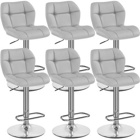 Yaheetech – Lot de 6 tabourets de bar réglables en hauteur – Similicuir et métal – Hauteur d'assise 62,5-84,5 cm – Capacité 136 kg – Gris clair