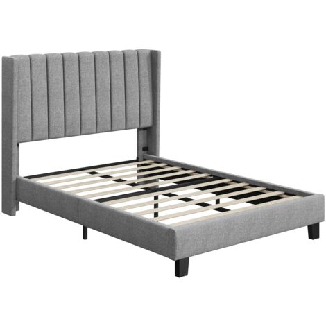 Yaheetech Lit Double Rembourré 140x200 cm avec Sommier à Lattes, Cadre de Lits Moderne pour Adultes 2 Personnes, Tête de Lit à Rayures en Bois et Métal, Gris Clair