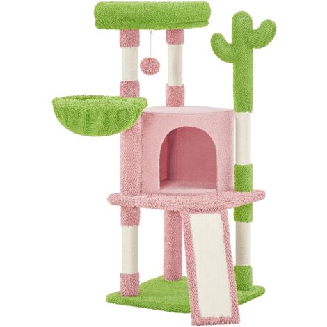 Yaheetech – Arbre à chat cactus 106,5 cm – Tissu moppy doux – Poteaux en sisal – Niche, panier, perchoir, griffoirs – Rose/Vert