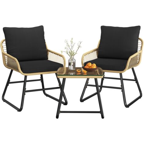Yaheetech 3 Pièces Salon de Jardin Exterieur en Polyrotin, 2 Personnes Ensemble Mobilier avec 2 Fauteuils et 1 Table Basse Plateau en Verre Trempé pour Patio Terrasse Bistro Beige/Noir