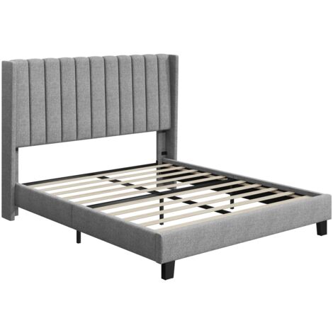 Yaheetech Lit Double Rembourré 160x200 cm avec Sommier à Lattes, Cadre de Lits Moderne pour Adultes 2 Personnes, Tête de Lit à Rayures en Bois et Métal, Gris Clair