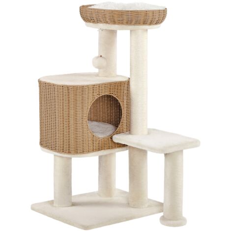 Yaheetech – Arbre à chat en polyrotin 91 cm – Griffoir en sisal avec niche douillette et coussin amovible – Poteaux à griffer et pompon suspendu