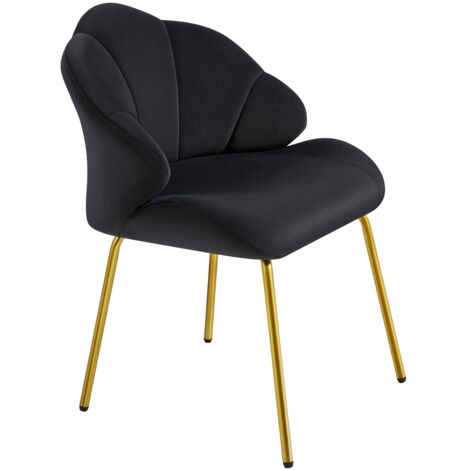Yaheetech – Fauteuil coquillage en velours noir – Dossier ergonomique – Largeur d'assise 55 cm – Hauteur d'assise 48 cm – Pieds en métal plaqué or (1/5)