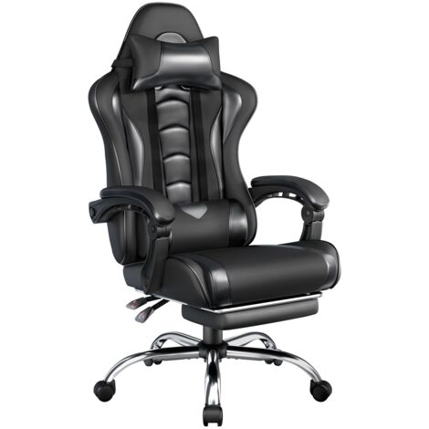 Yaheetech Chaise Gaming Massante Ergonomique Fauteuil Gamer Dossier et Appui-tête Hauteur Réglable avec Repose-Pied Similicuir Charge 136kg Noir