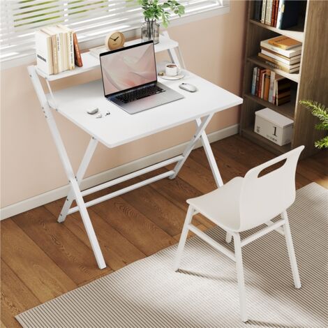 Yaheetech Bureau d'Ordinateur, 80×50×74,5cm, Table Pliable avec Petit Étagère Surélevée et Pieds en Forme X, pour Chambre Salon d'étude Petits Espaces, Blanc