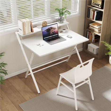 Yaheetech Bureau d'Ordinateur, 100×50×74,5cm, Table Pliable avec Petit Étagère Surélevée et Pieds en Forme X, pour Chambre Salon d'étude Petits Espaces, Blanc