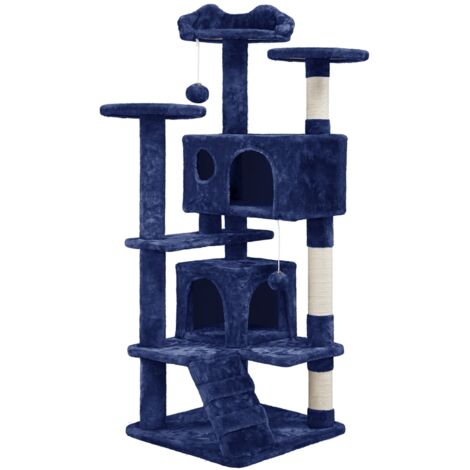 Yaheetech Arbre à Chat 139 cm, Arbre à Grimper avec 2 Niches 3 Plateformes 2 Boules en Sisal Multi-Niveaux Idéal pour 3-4 Chats, Bleu marine