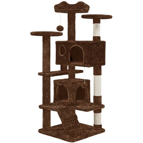 Yaheetech – Arbre à chat 139 cm – 2 niches et 3 plateformes – 3 poteaux en sisal – Sangle de sécurité incluse – Pour 3-4 chats, marron