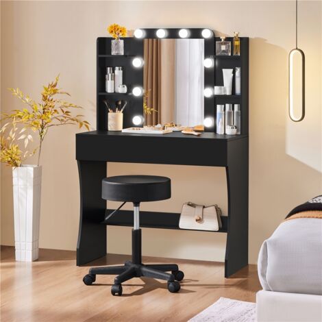 Yaheetech – Coiffeuse moderne avec miroir LED 10 ampoules – Lumière réglable 3 couleurs – 2 tiroirs et 6 étagères de rangement – Dimensions 90x40x135,5 cm