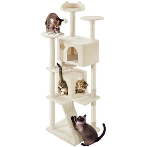 Yaheetech Arbre à Chat 203 cm, Arbre à Grimper avec 2 Niches 3 Plateformes 2 Boules en Sisal Multi-Niveaux Idéal pour 3-4 Chats, Beige (1/5)