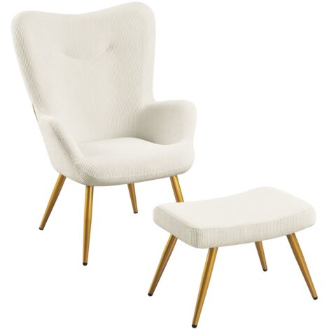 Yaheetech Fauteuil Scandinave à Oreilles avec Repose Pieds Fauteuil de Salon en Velours Côtelé Dossier Ergonomique Chaise de Salon Design Elégant 67,5 cm × 70 cm × 97,5 cm Beige