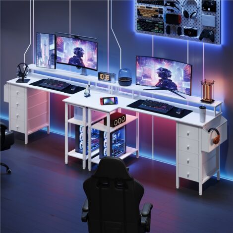 Yaheetech Bureau Informatique Angle Table en L Bureau Gaming Réversible en Bois avec Support d'écran 4 Tiroirs 2 étagère 1 Sac de Rangement et Prises pour Le Travail à Domicile 140 cm Blanc