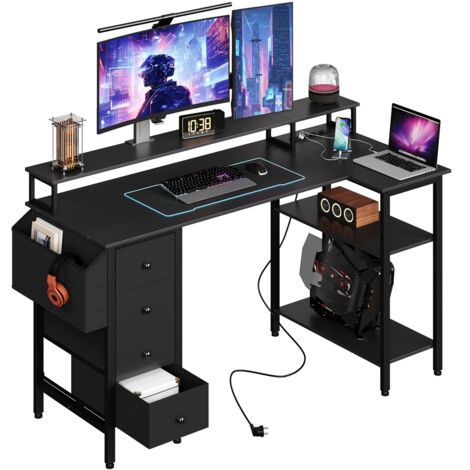 Yaheetech Bureau Informatique Angle Table en L Bureau Gaming Réversible en Bois avec Support d'écran 4 Tiroirs 2 étagère 1 Sac de Rangement et Prises pour Le Travail à Domicile 140 cm Noir (1/5)