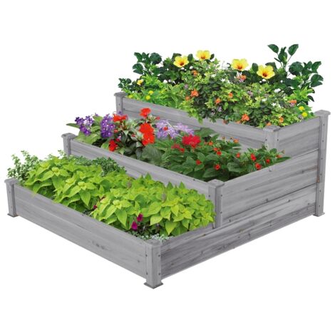 Yaheetech Carré à Plantes en Bois Carré Potager au Sol Lit de Plantation Jardinière à 3 Etages en Bois de Sapin Inoffensif pour Balcon Serre Terrasse Cour 120 x 120 x 56 cm Gris