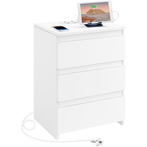 Yaheetech Table de Chevet avec Multiprise, 2 Prises et 2 Ports USB, Table d'appoint Salon avec 3 Tiroirs, 45,5 × 35,5 × 60,5 cm, Style Moderne, Blanc
