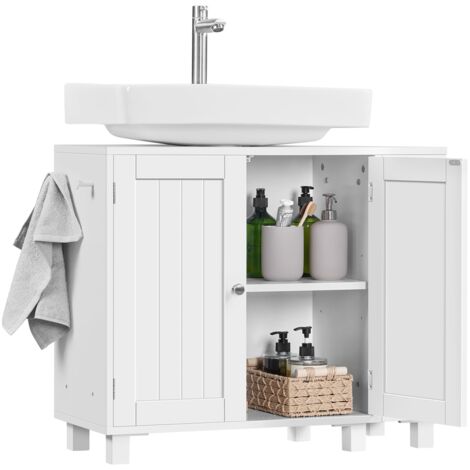 Yaheetech Meuble sous-Lavabo avec Étagères Réglables Armoire Salle de Bain Autoportante avec Découpe en U Meuble de Sol à Deux Portes avec Rangement Latéral Crochets Blanc