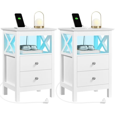 Yaheetech Lot de 2 Tables de Chevet avec Station de Charge Bande LED Ajustable 2 Tiroirs Table d'Appoint pour Canapé Chambre Salon Blanc