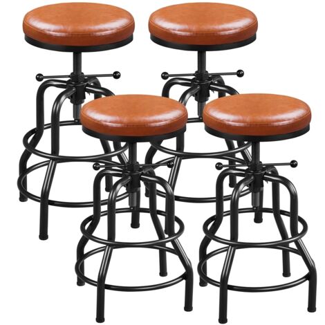 Yaheetech Lot de 4 Tabourets de Bar Industriel en Similicuir Tabouret Haut Rond Réglable en Hauteur avec Deux Repose-Pieds Tabouret de Comptoir pour Cuisine Restaurant Design Néo-rétro Marron Clair