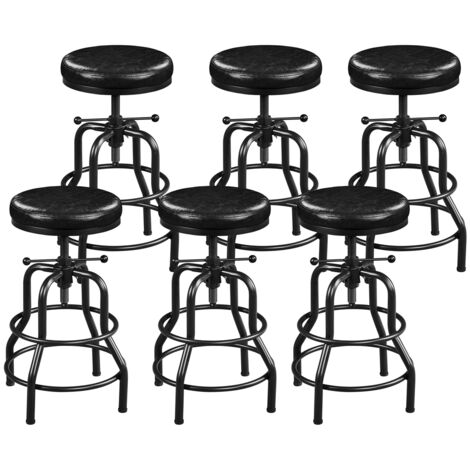 Yaheetech Lot de 6 Tabourets de Bar Industriel en Similicuir Tabouret Haut Rond Réglable en Hauteur avec Deux Repose-Pieds Tabouret de Comptoir pour Cuisine Restaurant Design Néo-rétro Noir