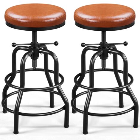 Yaheetech Lot de 2 Tabourets de Bar Industriel en Similicuir Tabouret Haut Rond Réglable en Hauteur avec Deux Repose-Pieds Tabouret de Comptoir pour Cuisine Restaurant Design Néo-rétro Marron Clair