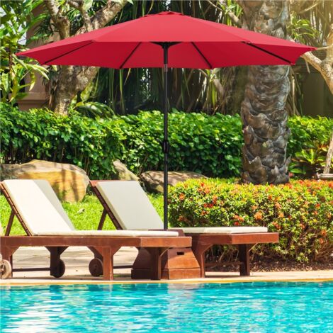 Yaheetech Parasol de Jardin Extérieur 300 cm Parasol à 8 Baleines en Métal Manivelle avec Bouton-poussoir Protection Solaire pour Terrasse Jardin Plage Piscine Balcon Rouge