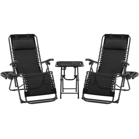 Yaheetech Ensemble 3 Pièces Chaises Longues et Table d'Appoint 2 Chaises Zéro Gravité Réglables avec Table Pliante et Porte-Gobelet Coussin Inclus Noir
