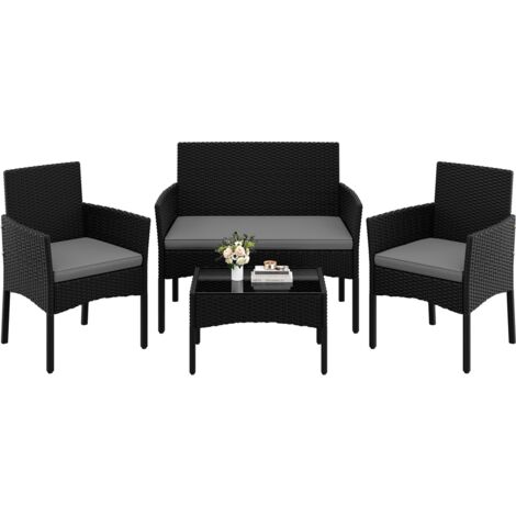 Yaheetech 4 Pièces Salon de Jardin Exterieur en Polyrotin, Mobilier de Jardin avec Coussins d'Assise, Canapé 2 Places, 2 Fauteuils et 1 Table, Meubles Ensemble pour Extérieur Balcon Terrasse Noir/Gris