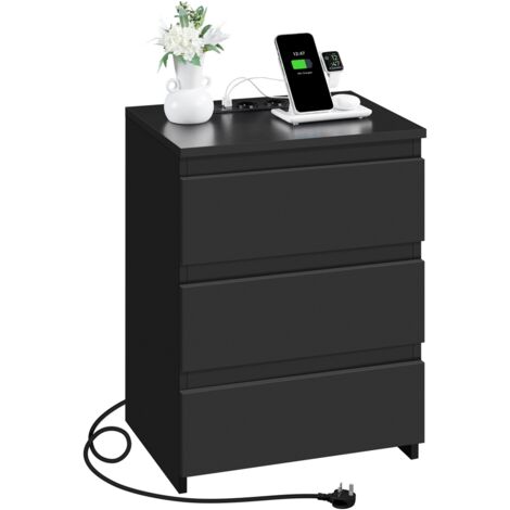 Yaheetech Table de Chevet avec Multiprise, 2 Prises et 2 Ports USB, Table d'appoint Salon avec 3 Tiroirs, 45,5 × 35,5 × 60,5 cm, Style Moderne, Noir